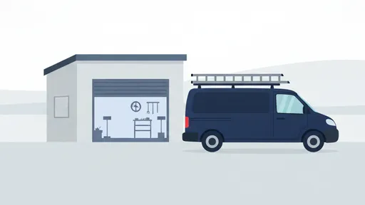 Illustration: a service van with a roof ladder parked outside a small workshop in the evening